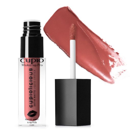 Cupio Cupolicious Satin Matte Flüssiger Lippenstift mit Applikator und Farbprobe auf einer Oberfläche