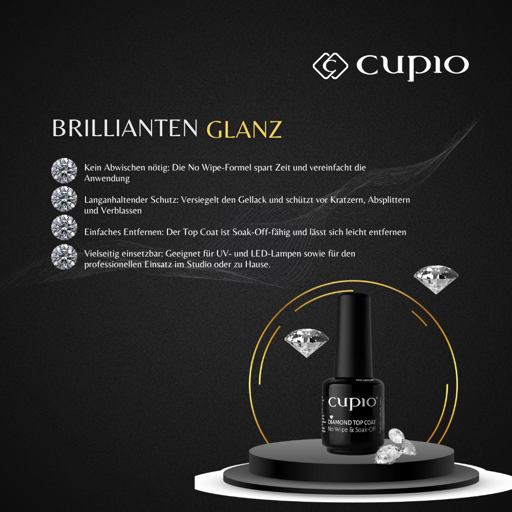 Cupio Diamond Top Coat bietet langanhaltenden Schutz für Gel-Nägel, einfach zu entfernen und vielseitig einsetzbar.