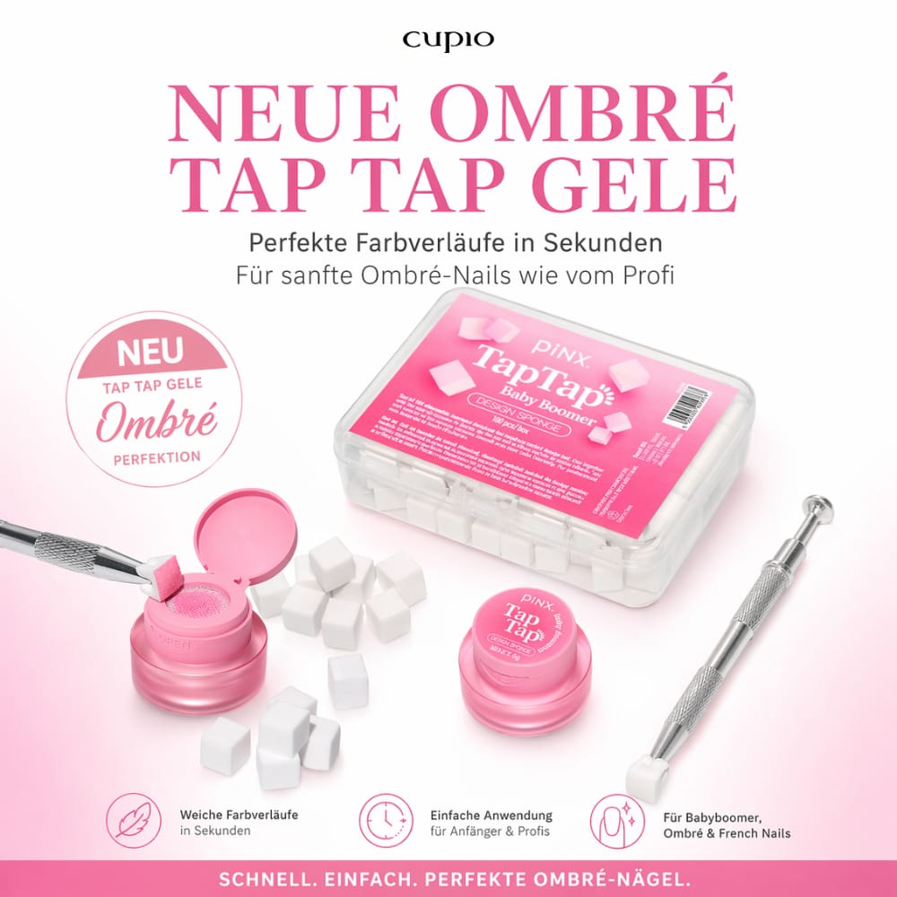 Produktbild der Cupio Tap Tap Gele für Ombré-Nails mit Babyboomer Designschwämmen, rosa Gel-Tiegel, Schwämmchen und Werkzeug für professionelle Farbverläufe