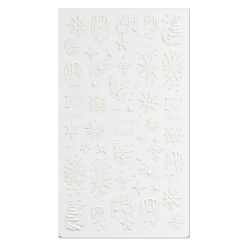 Weißer 3D Weihnachtsstempel mit verschiedenen Motiven wie Sternen, Schneeflocken und Weihnachtsfiguren.