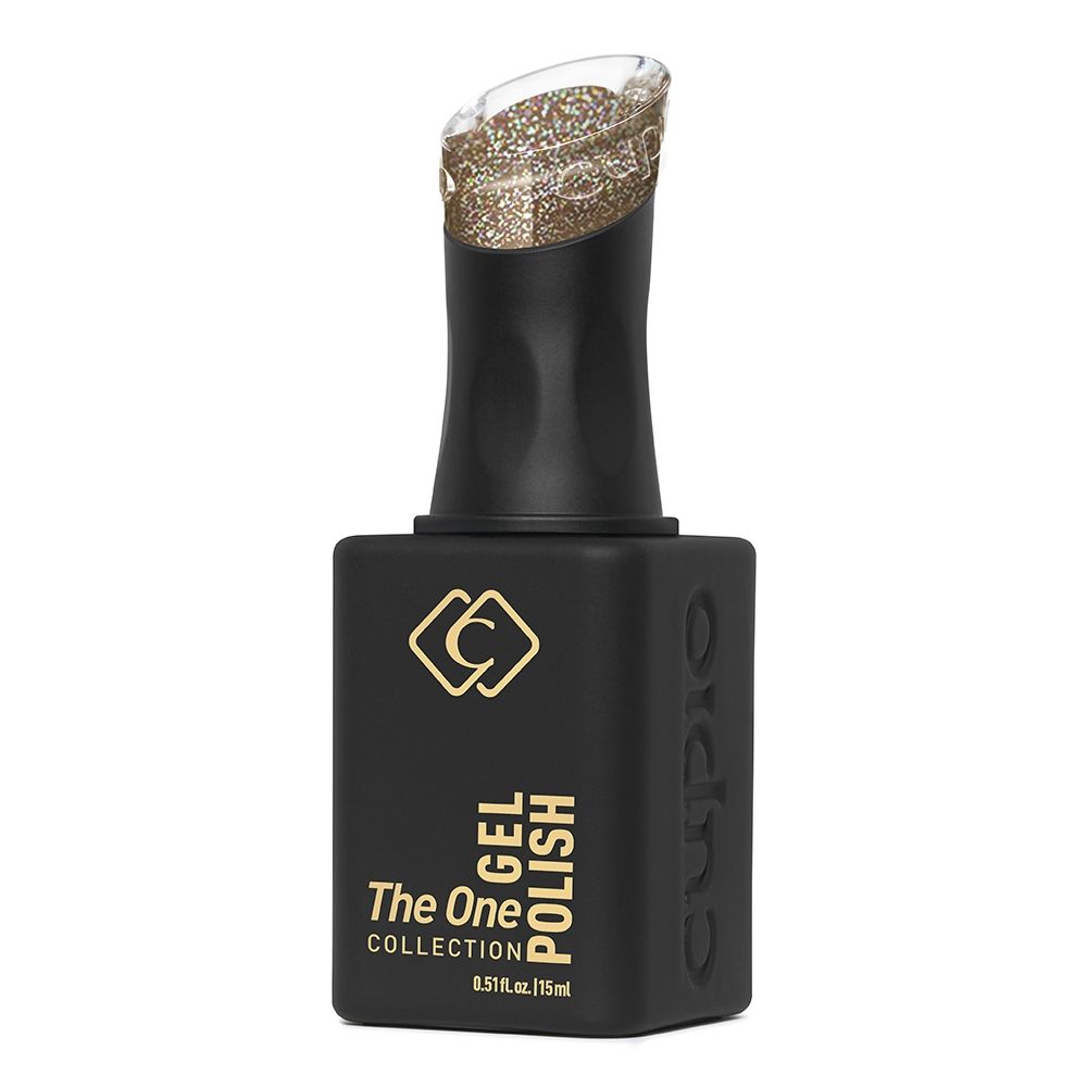 Schwarze Flasche Cuccio The One Collection Gel Polish, 15 ml, mit goldfarbenem Glitzer-Gel im Pinselaufsatz