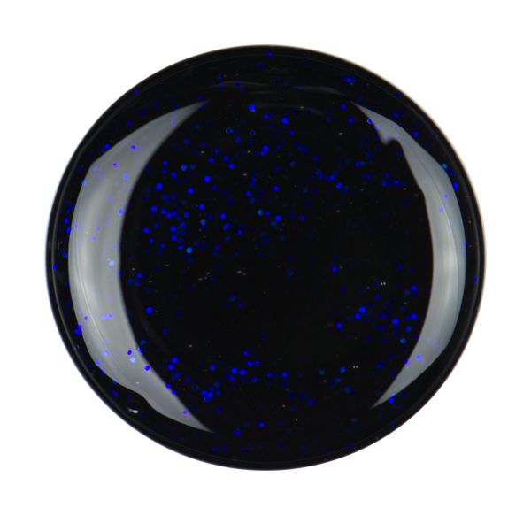glitter_gel_magic_blue Runder Behälter mit dunkler, glitzernder Substanz und blauen Glitzerpartikeln