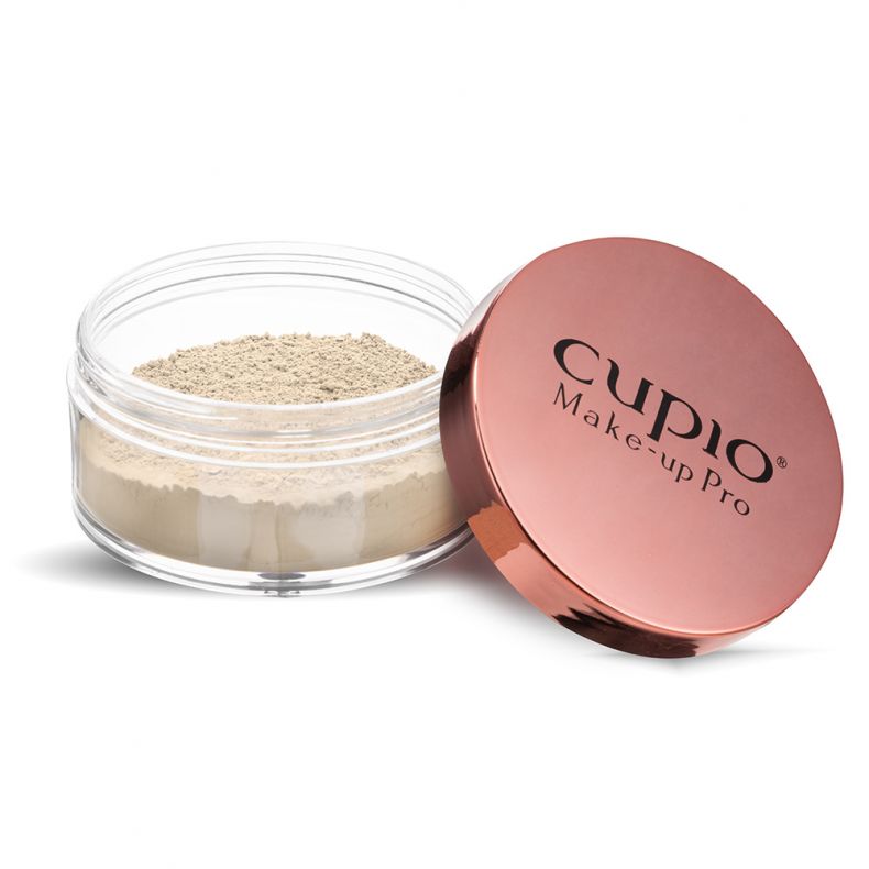 soft_luminous_loose_powder_light_1_1 Mineralpuder von Cupio Make-up Pro in einem transparenten Behälter mit rotem Deckel