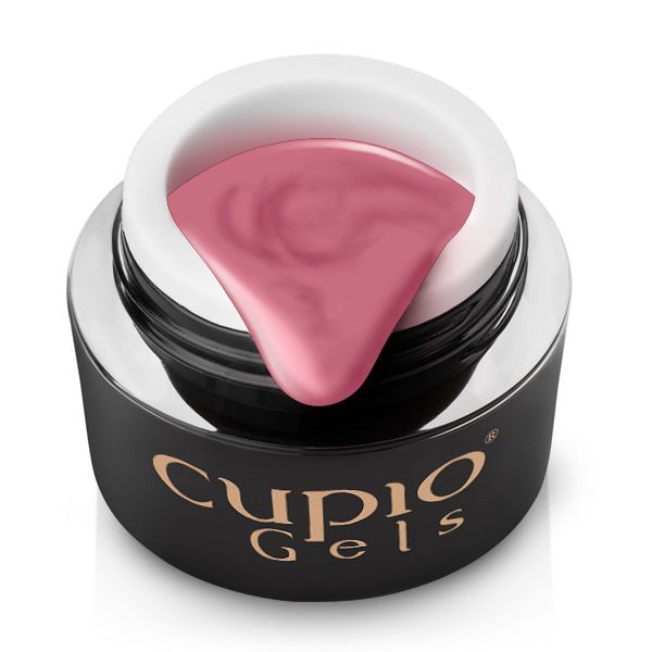 gel_color_one_layer_mellow_rose Tiegel mit Cupio Gels in sanftem Pinkton und einem Tropfen auf dem Rand