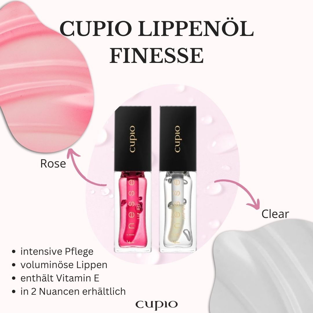 Clear-1 CUPIO Lippenöl Finesse - zwei Nuancen Rose und Clear für intensive Lippenpflege mit Vitamin E.