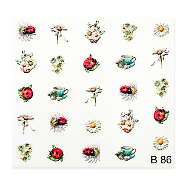 Motivblatt mit verschiedenen bunten Designs von Marienkäfern, Blumen und Tassen.