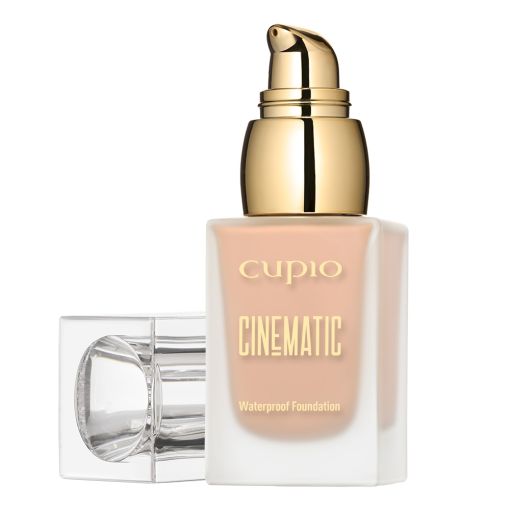 cinematic_light_c7574_b Flasche mit Cupio Cinematic Waterproof Foundation in beigem Farbton, ideal für einen perfekten Teint.
