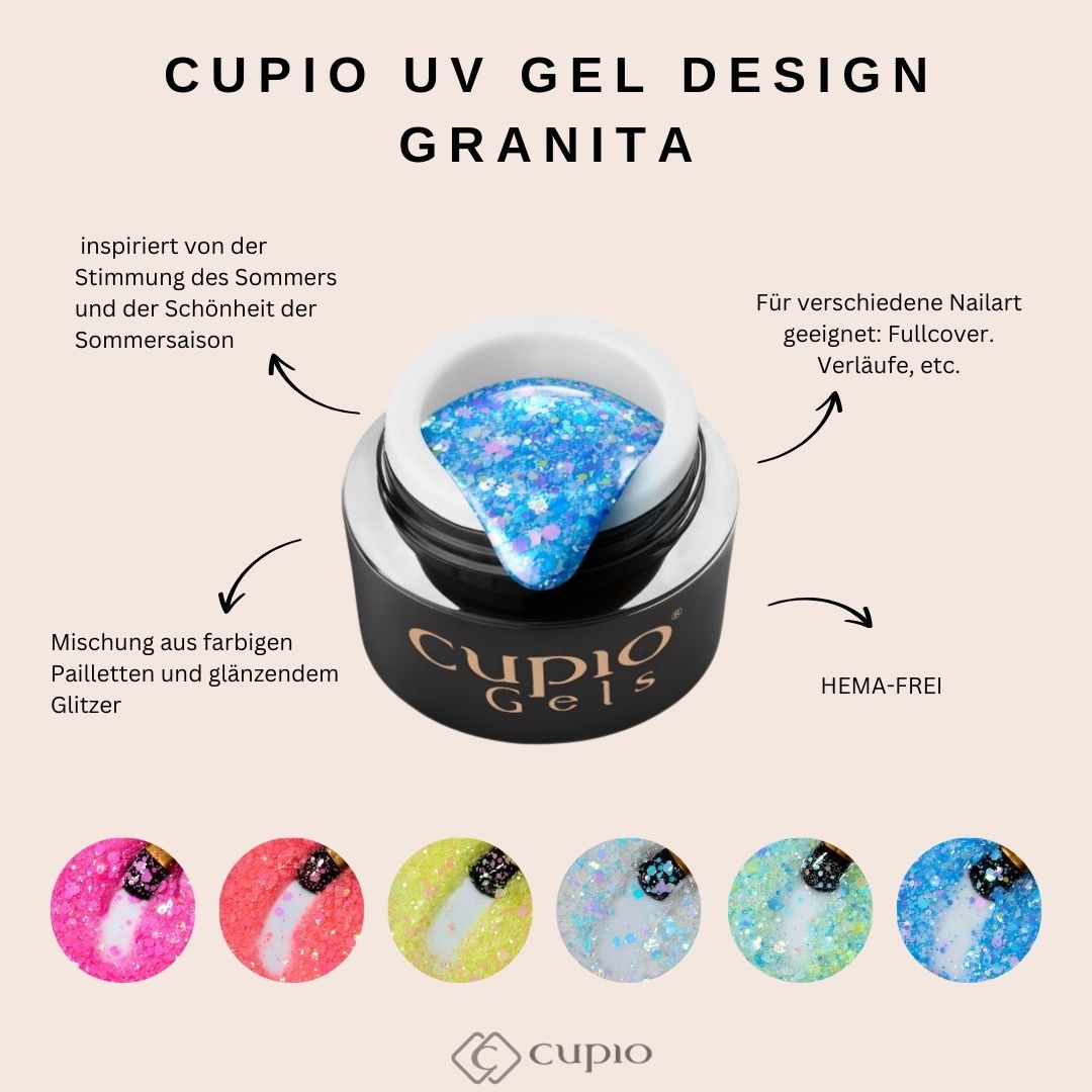 Cupio-UV-Gel-Design-Granita Cupio UV Gel Design Granita in einer Dose mit blauen Pailletten und Glitzer, geeignet für verschiedene Nailart-Designs.
