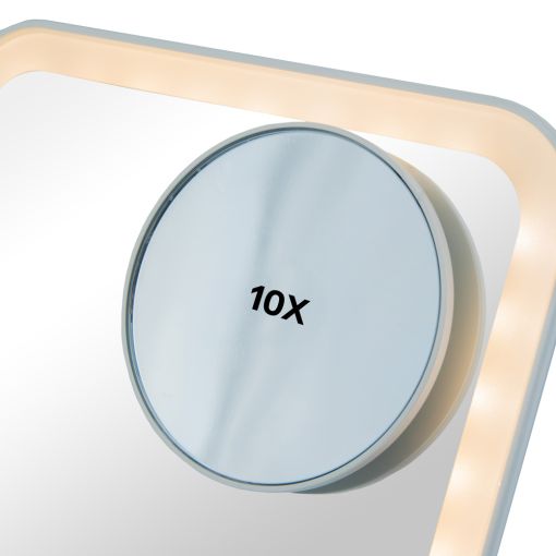 c8195_4 Detailaufnahme eines Vergrößerungsspiegels mit 10-facher Vergrößerung und integriertem LED-Licht