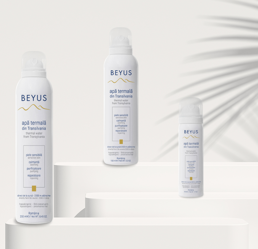 Drei Flaschen Thermalwasser von BEYUS, ideal für empfindliche Haut aus Transsilvanien