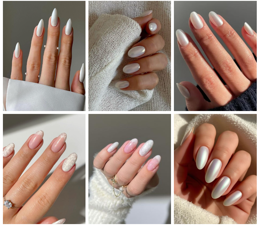 Sechs Varianten schimmernd weißer Nageldesigns auf Händen