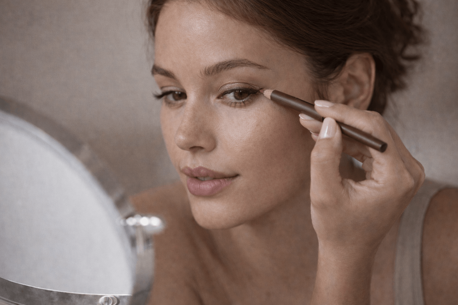 Nahaufnahme: Frau schminkt Augen mit Kajalstift