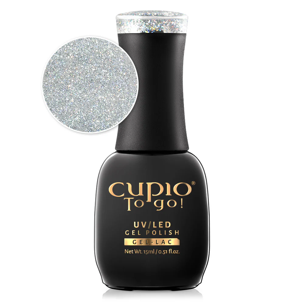 Produktbild Cupio Gellack The One Snow Queen 15 ml, silberner Glitzer UV/LED Gel Nagellack in schwarzer Flasche mit Farbmuster