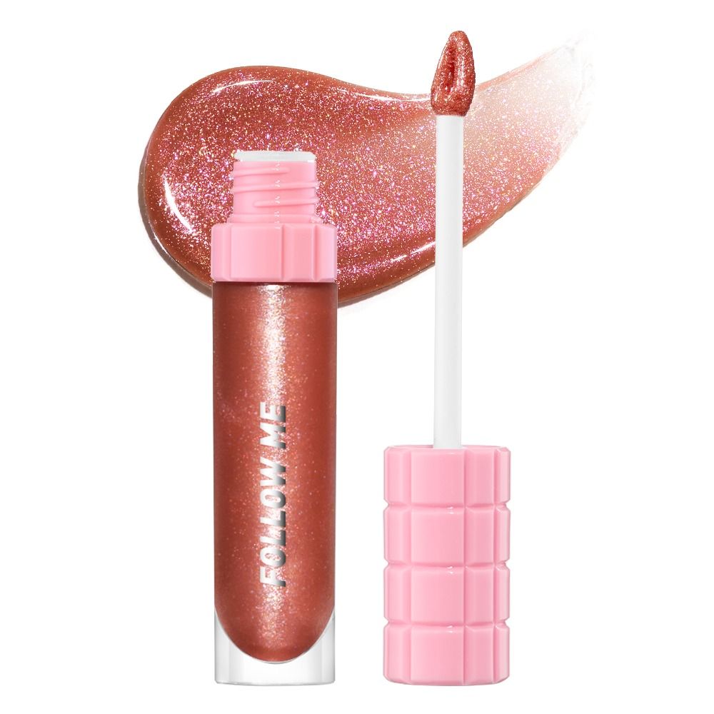 Roségoldener, schimmernder Lipgloss mit pinker Kappe, Applikator und glänzendem Swatch im Hintergrund