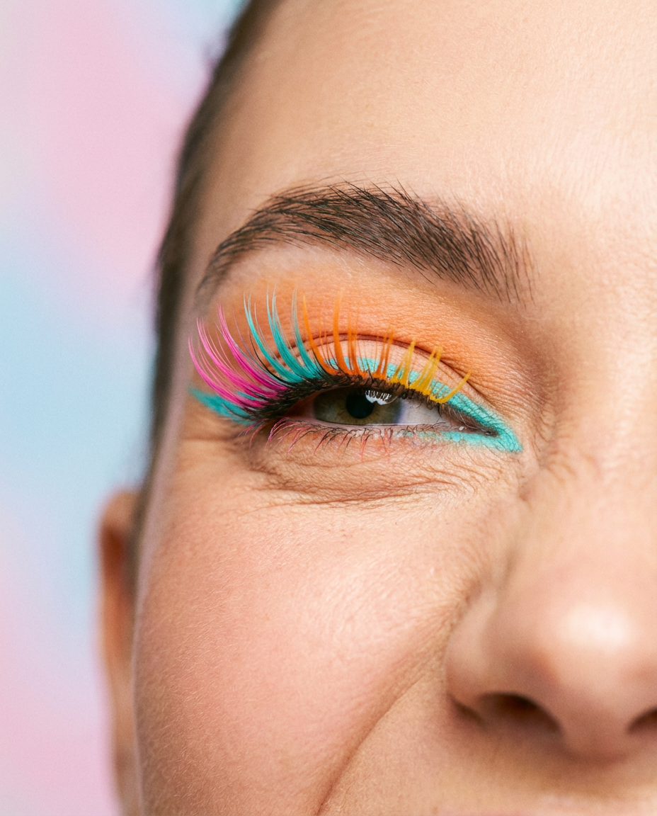 Nahaufnahme Auge mit bunten Fake Lashes und Make-up