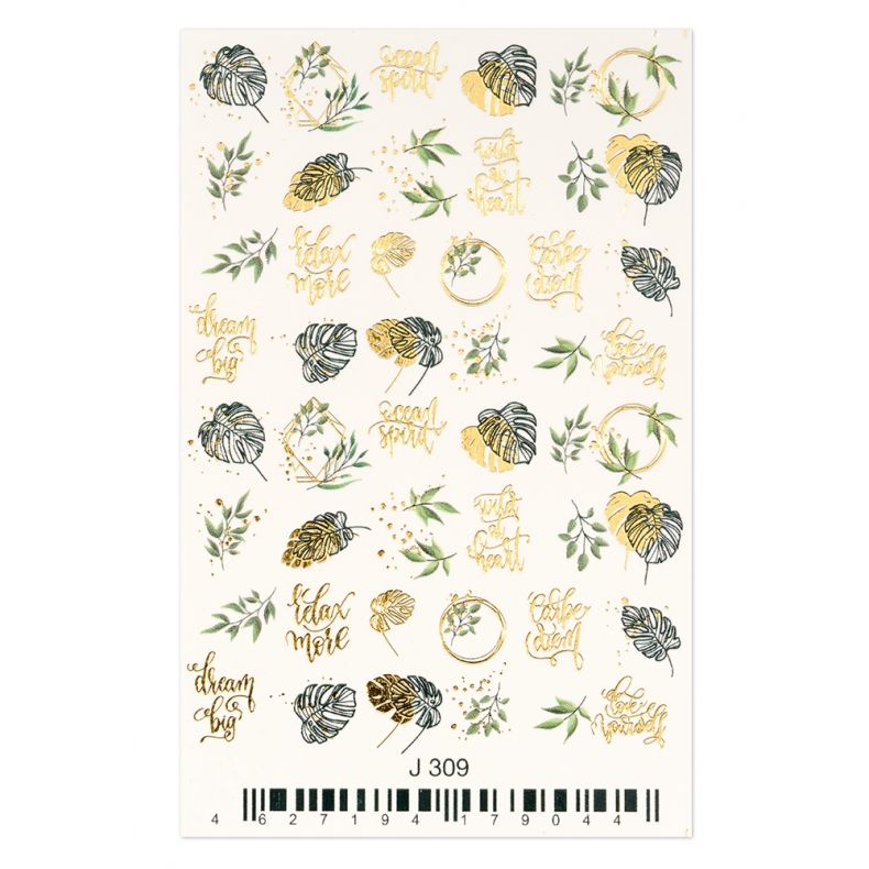 c6452 Botanische Sticker mit Monstera-Blättern und goldenen Schriftzügen