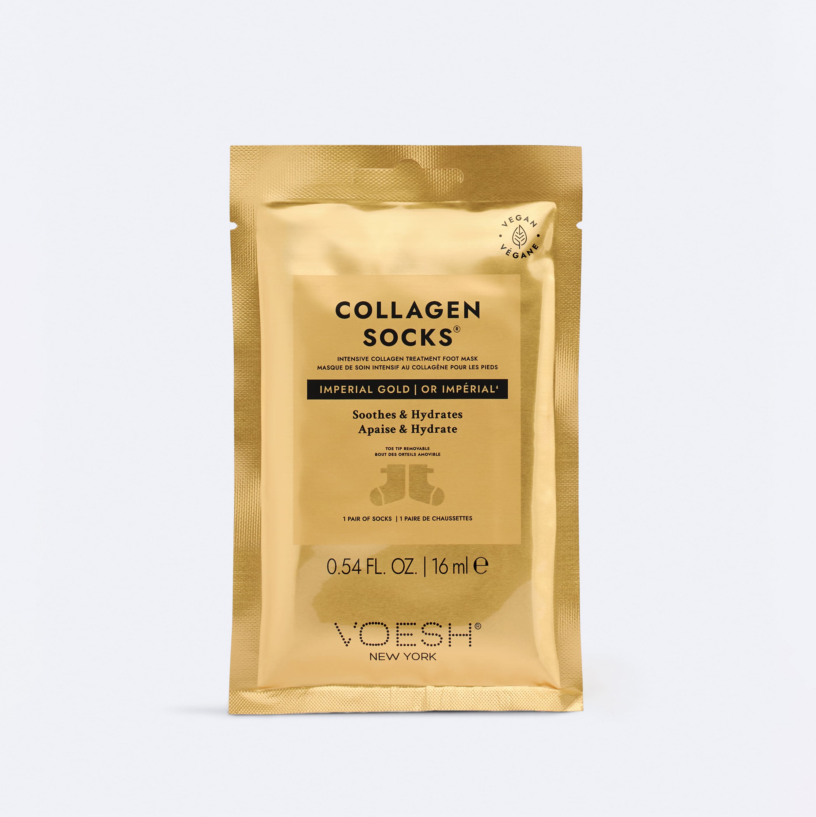 Goldene Verpackung der Voesh Collagen Socks Imperial Gold, intensive Fußmaske mit veganem Kollagen, Hyaluronsäure und Niacinamid für hydratisierte, glatte Füße und gepflegte Fersen
