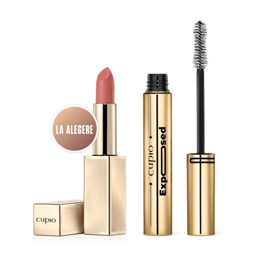 kit_passionate_charm_kit Cupio Lippenstift in der Farbe La Alegere und Exposed Mascara in goldener Verpackung