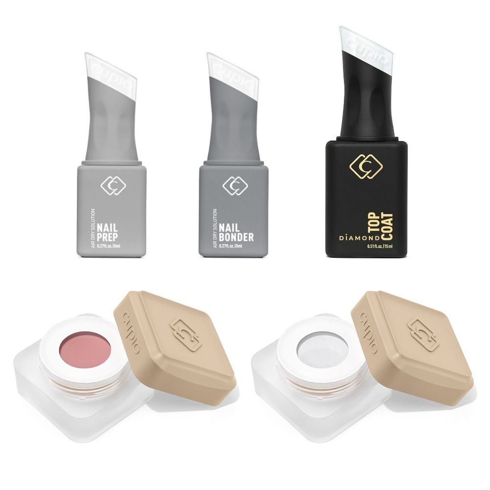 Produktbild eines Nageldesign-Sets mit Nail Prep, Nail Bonder, Diamond Top Coat und zwei Gel-Tiegeln für Maniküre und UV-Nägel