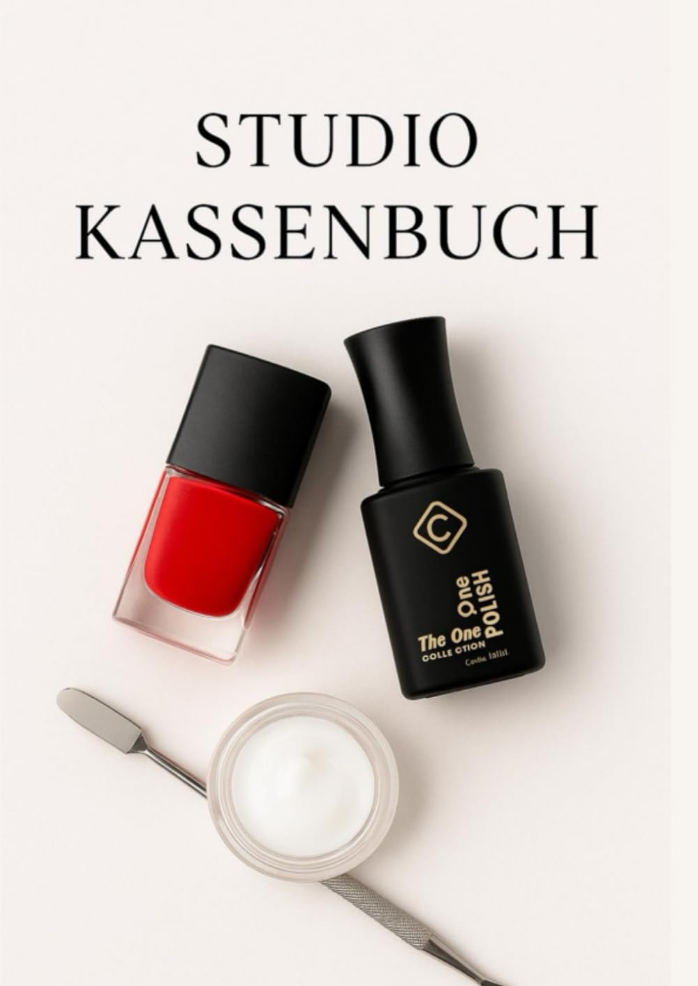 Bild von Nagellack, einer Creme und einem Spatel mit der Aufschrift 'Studio Kassenbuch'