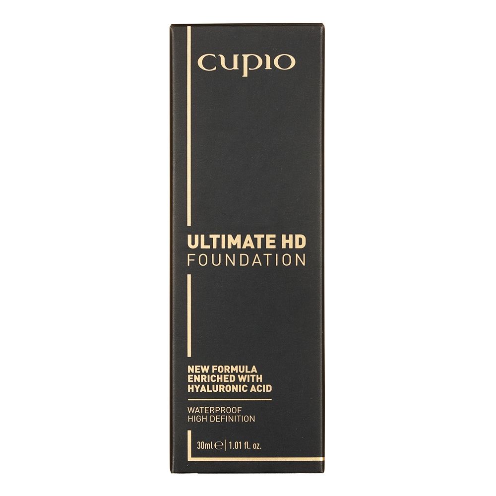 Schwarze Verpackung der Cupio Ultimate HD Foundation mit goldener Schrift, neuer Formel mit Hyaluronsäure, wasserfest, 30 ml