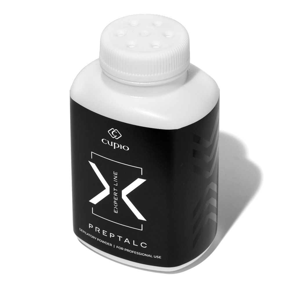 Weiße Flasche mit schwarzem Etikett von Cupio Expert Line Preptalc, Enthaarungspuder für den professionellen Gebrauch