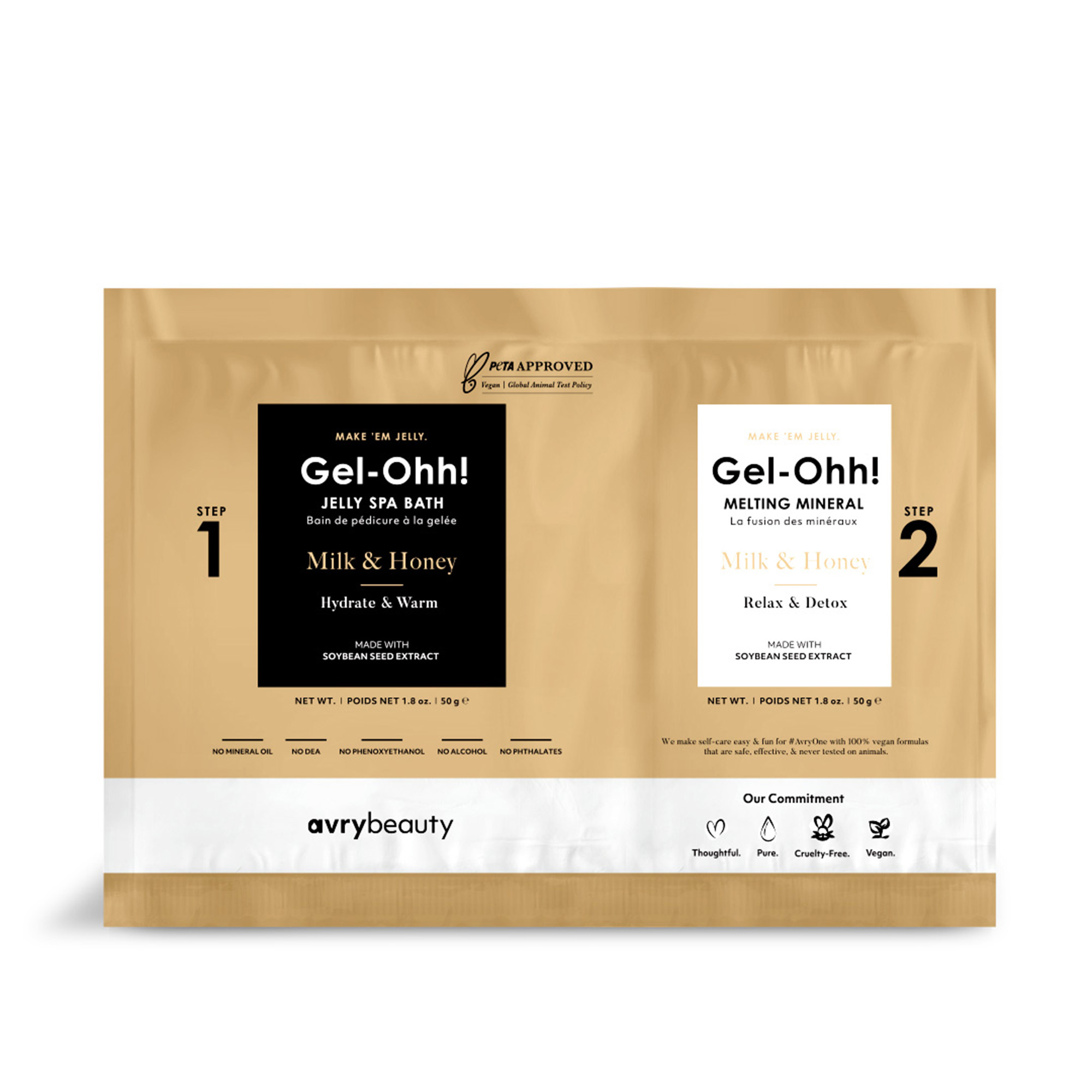 Beutel mit avrybeauty Gel-Ohh! Jelly Spa Bath Milk & Honey Pediküre-Set, Step 1 Jelly Spa Bath und Step 2 Melting Mineral