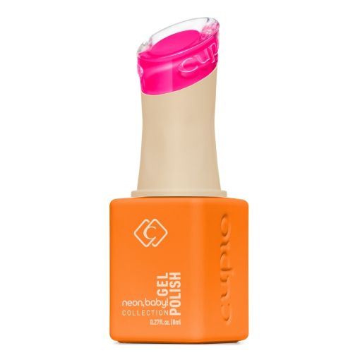 Flasche mit Neon Orange Gel Polish von Cupio, ausgegossen auf einen neutralen Hintergrund
