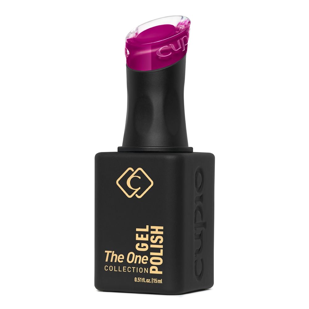 Flasche Cupio The One Gel Polish 15 ml in elegantem Schwarz mit sichtbar pinkem Gellack im Pinselaufsatz