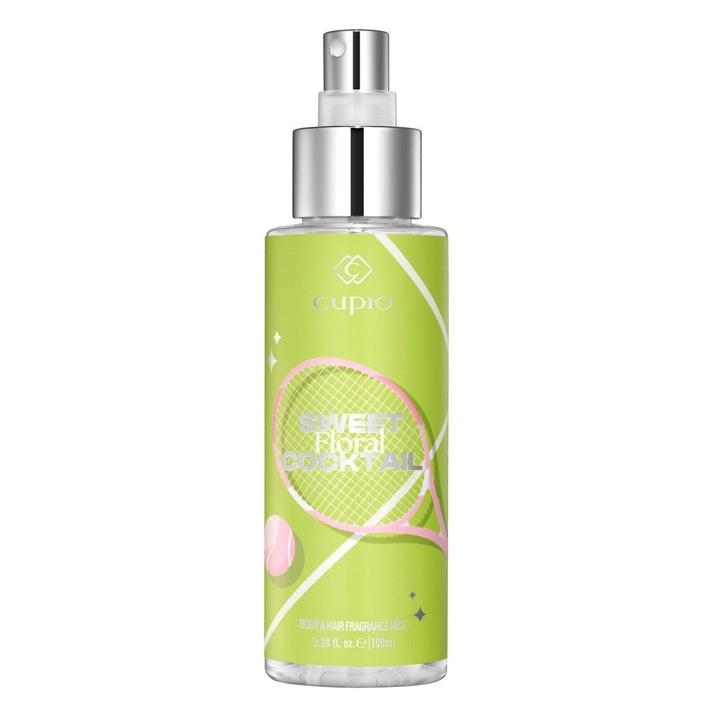 Grüne Sprayflasche von Cupio Sweet Floral Cocktail Body & Hair Fragrance Mist mit silbernem Sprühkopf, 100 ml