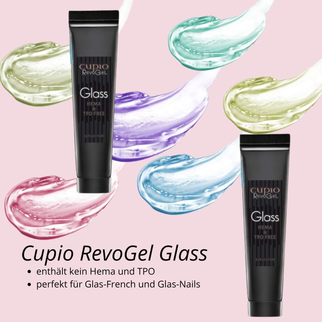 WhatsApp-Bild-2024-10-08-um-20-29-54_05a927ad Tube von Cupio RevoGel Glass mit bunten Gelstrichen im Hintergrund, HEMA- und TPO-frei.
