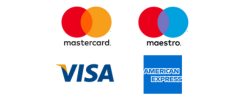Payment options in the online shop including Mastercard, Visa, and American Express logos