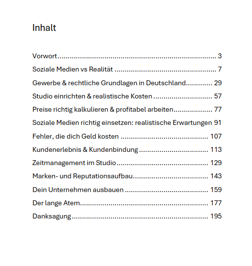 Inhaltsverzeichnis eines Business-Ratgebers mit Kapiteln zu sozialen Medien, Gewerbe in Deutschland, Studio einrichten, Preise kalkulieren, Kundenbindung und Unternehmensaufbau