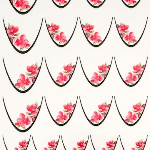 Geometrisches Stoffmuster mit rosa Blüten und schwarzen Linien auf hellem Hintergrund