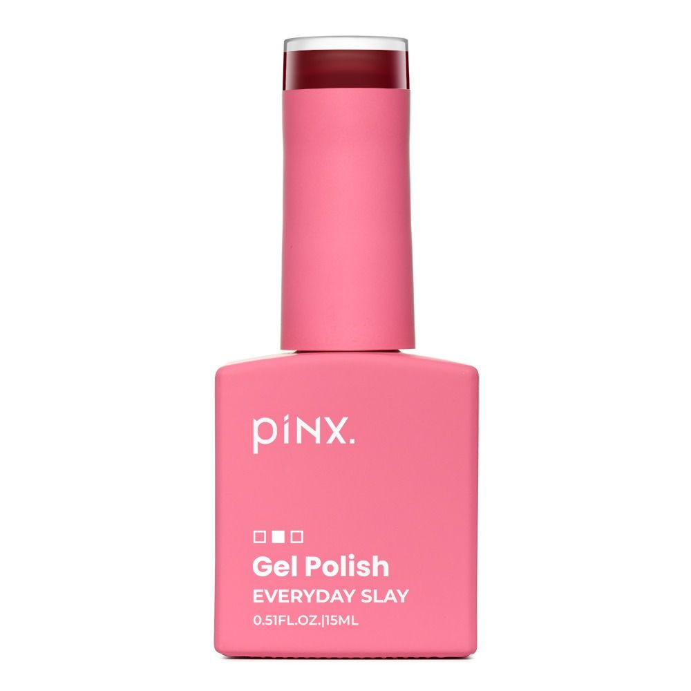 Produktbild des Pinx Everyday Slay Gellacks Merlot Drama 15 ml in Flasche, intensiv deckendes Gel Polish in tiefem Merlot-Rot ohne Glitzer für elegante, langlebige Maniküre