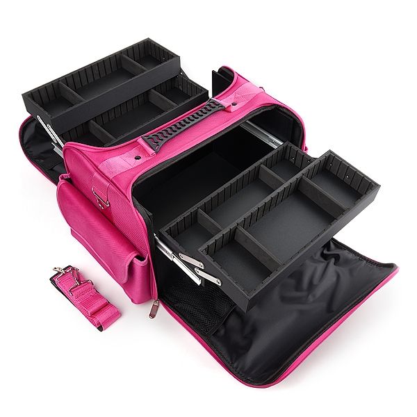 geanta_mup_roz_c Innenansicht einer pinken Organizer Tasche mit herausnehmbaren Fächern