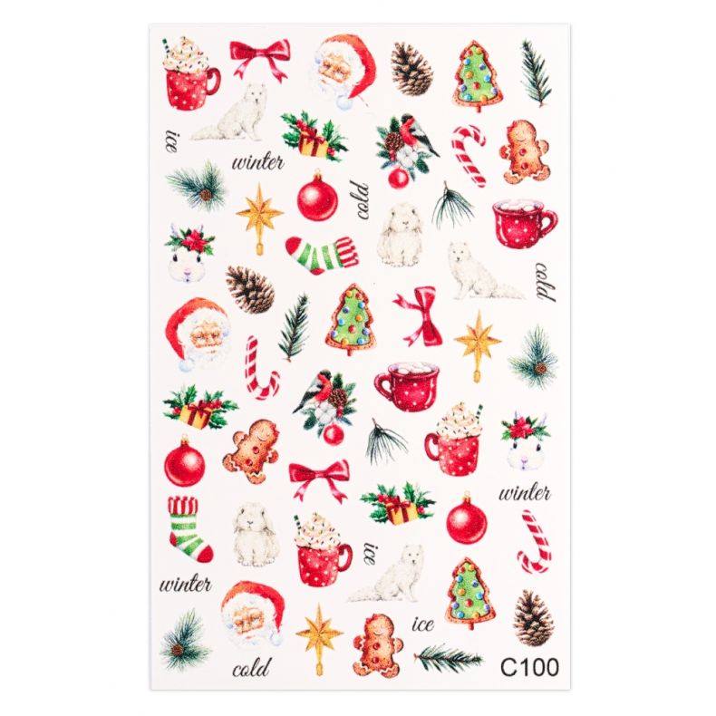 Aufkleberblatt mit Weihnachtsmotiven wie Geschenke, Tassen, Geschenkbänder und Winterthemen