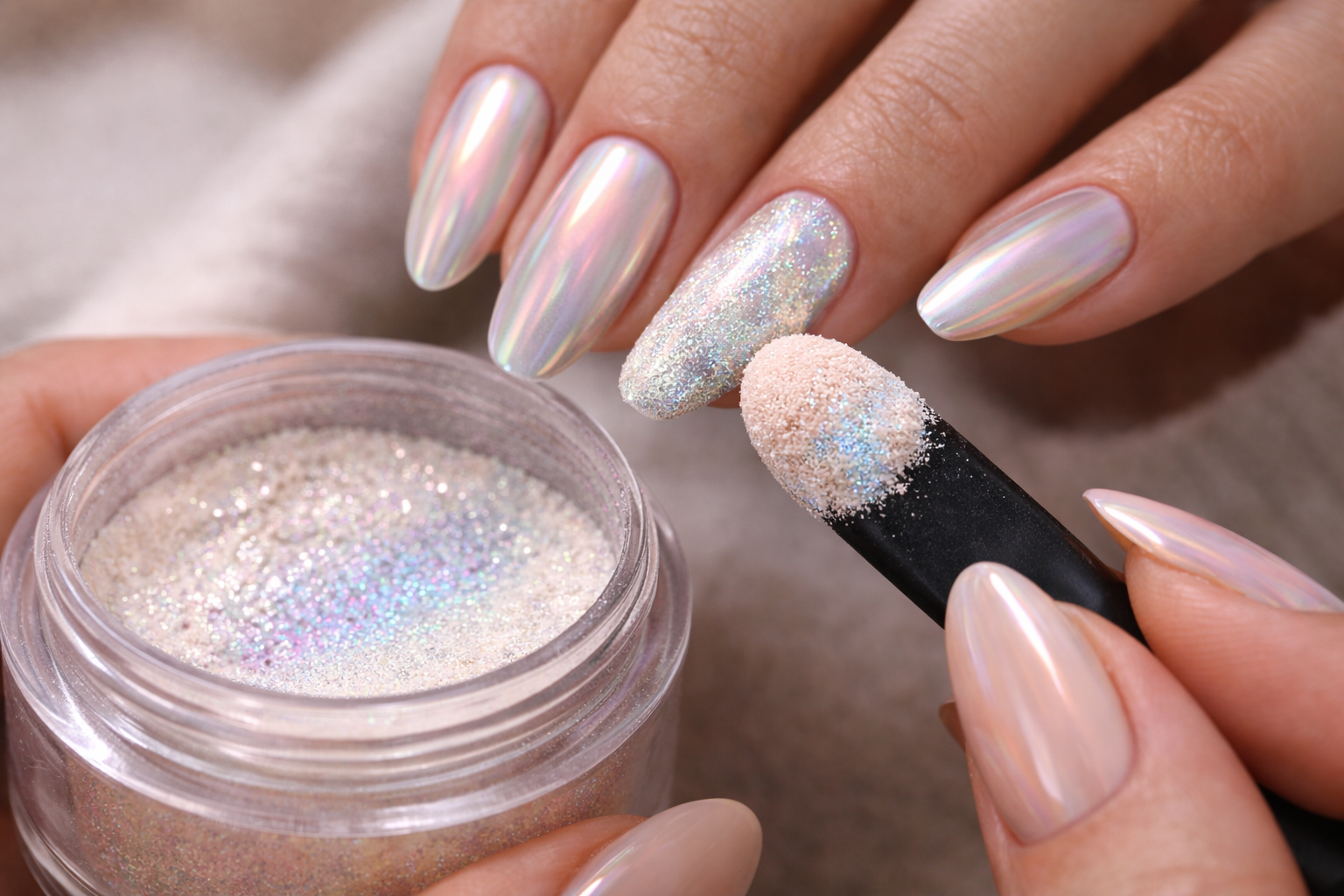 Anwendung von holografischem Nagelpuder auf Gelnägel