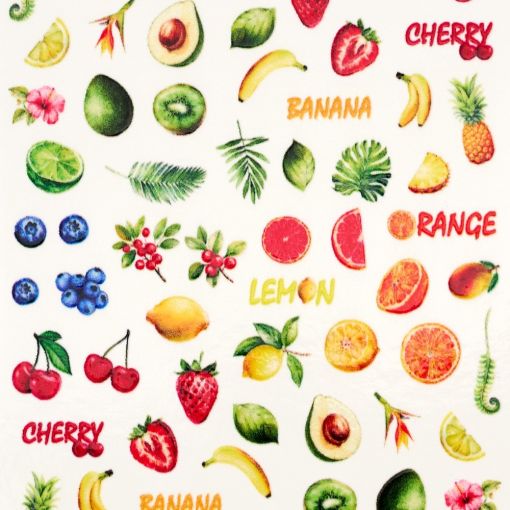 Vielzahl von Obstillustrationen wie Avocado, Banane, Erdbeere und Zitrusfrüchten