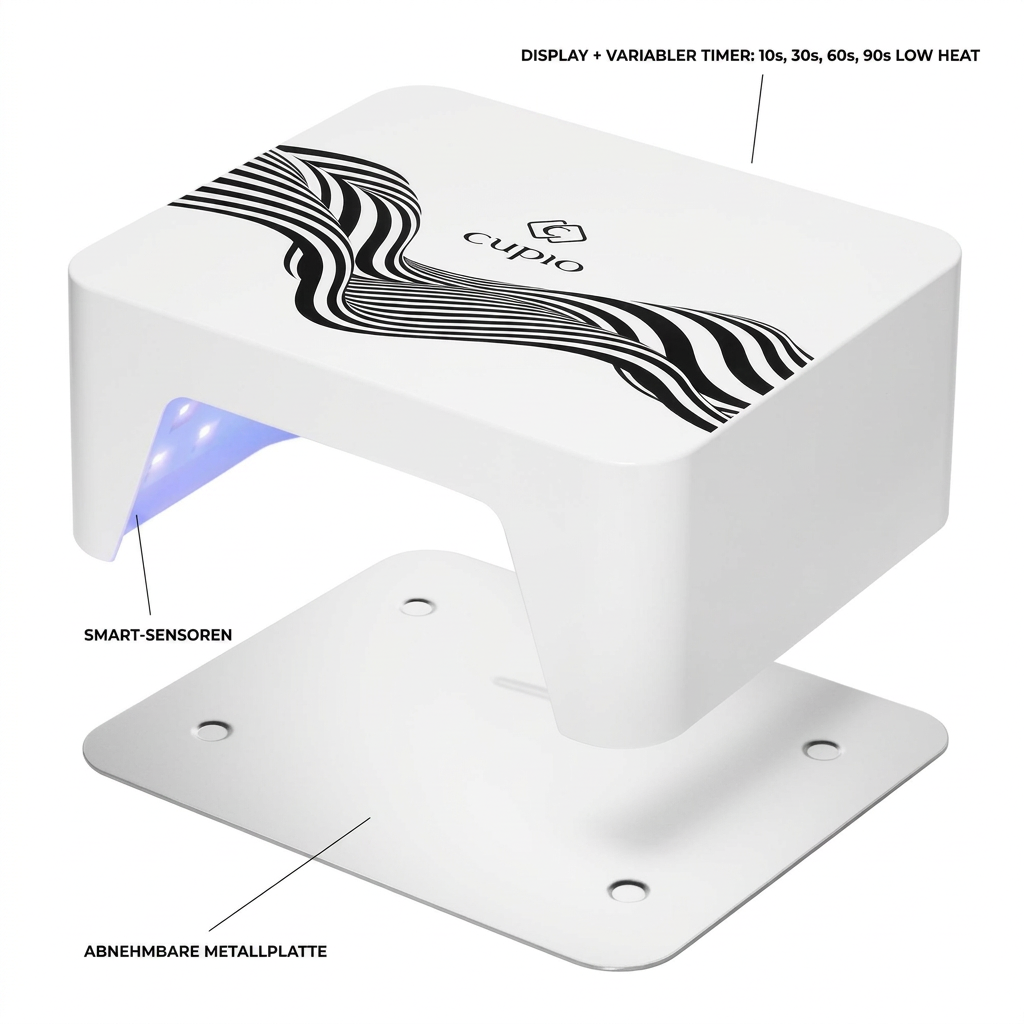 Professionelle LED-Lampe Cupio Expert Vision 36W in Weiß mit dekorativem Muster, Smart-Sensoren, LED-UV-Licht, Display mit Timer und abnehmbarer Metallplatte für schnelle, gleichmäßige Nageltrocknung