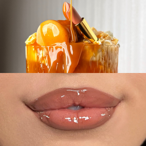 Nahaufnahme glänzender Nude-Lippen mit Gloss