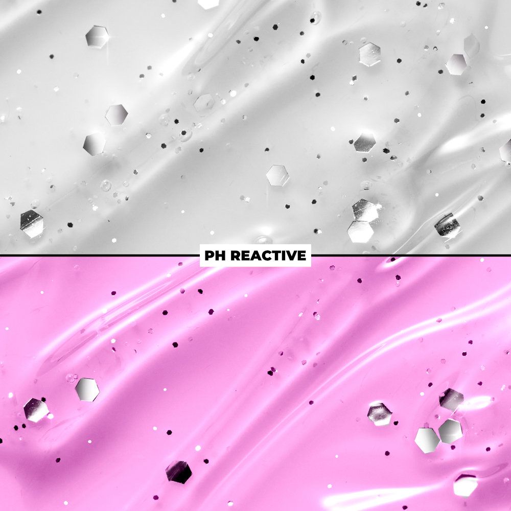 Detailaufnahme von PH reaktiver Folie mit glitzernden hexagonalen Elementen in Weiß und Pink