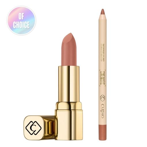 Cinematic Kiss Set Cuppio Lippenstift mit goldener Hülse und dazu passendem Konturenstift in Nude