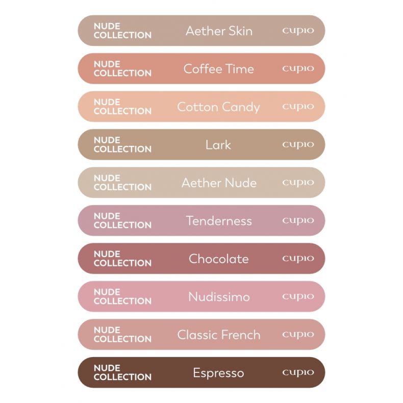 nude_coll Palette mit Farben der Nude Collection von Cupio, einschließlich Aether Skin, Coffee Time, Cotton Candy und mehr.