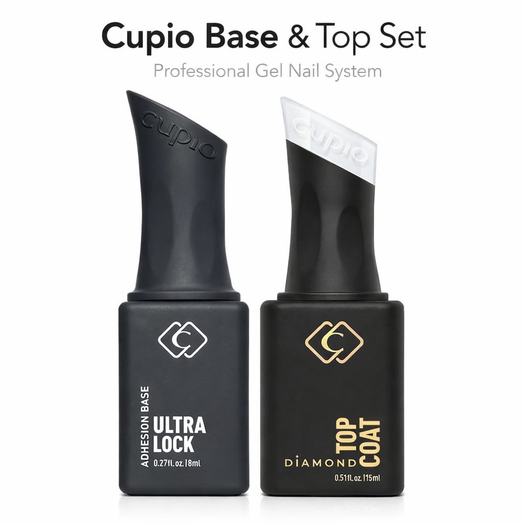 Produktbild des Cupio Base & Top Sets: schwarze Flasche Ultra Lock Haftgrundierung 8 ml und schwarze Flasche Diamond Top Coat 15 ml für professionelle Gelnägel