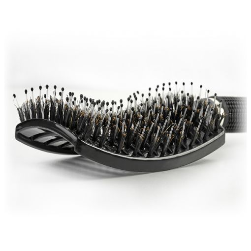 Schwarze flexible Entwirrungsbürste mit gebogenem Bürstenkopf und Kunststoffborsten mit Noppen für sanftes Kämmen