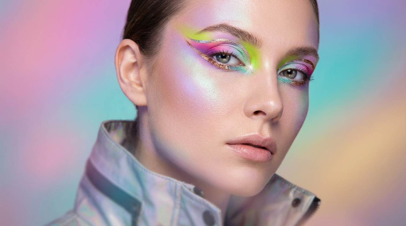 Model mit buntem Neon-Augen-Make-up und Glow-Teint